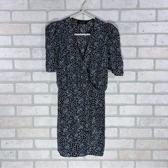 The Kooples Short Sleeve Wrap Patterned Mini Wrap Dress in Blue and Black Size 0 - Picture 3 of 12